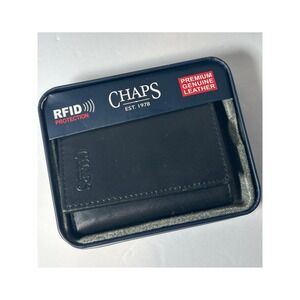 CHAPS RFID Genuine Leather Bifold Wallet Black ID Window NWT Gift Tin Mens
